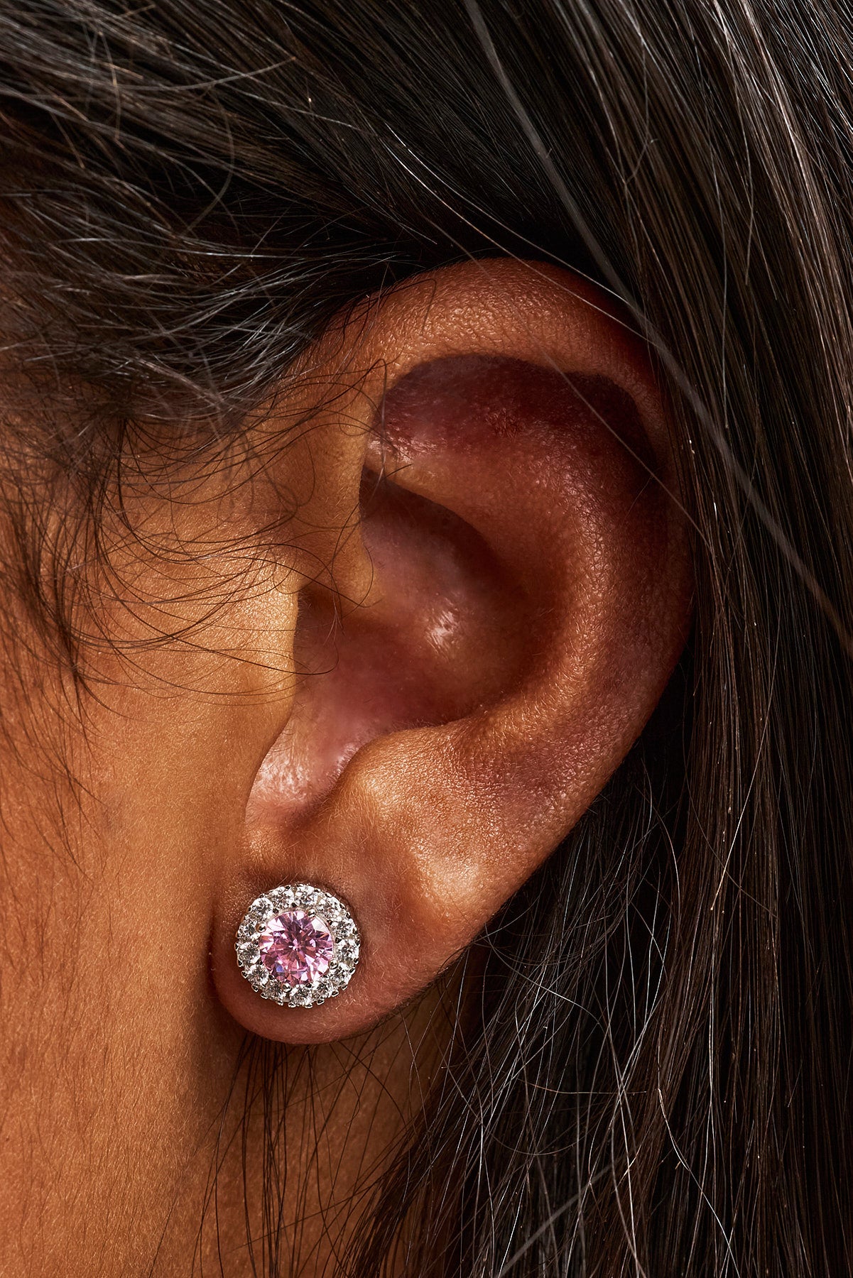 Pink CZ Cluster Round Stud Earrings - 8mm